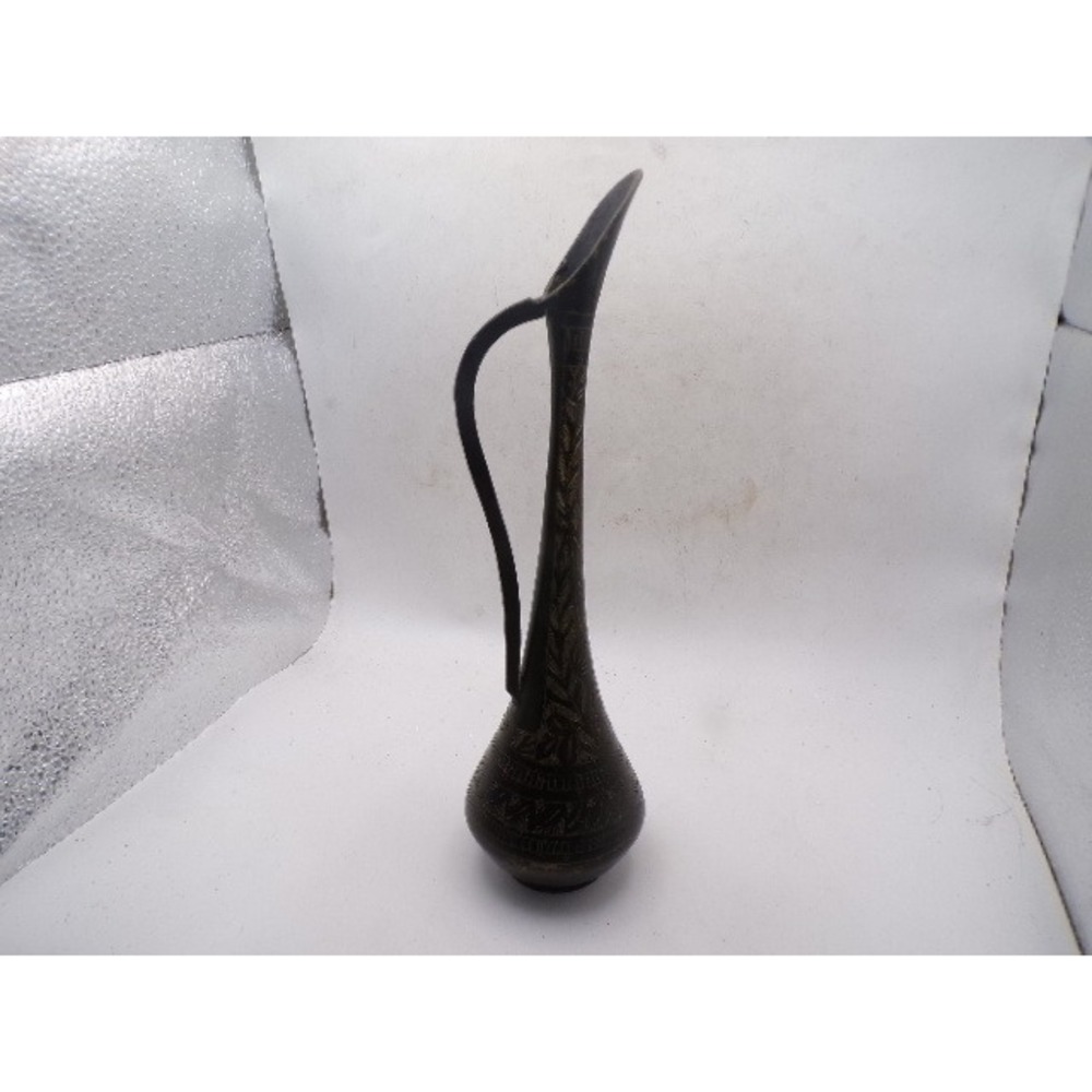 Vintage Etched Brass Pitcher Tall Slender Ewer Middle Eastern Decorative 10"